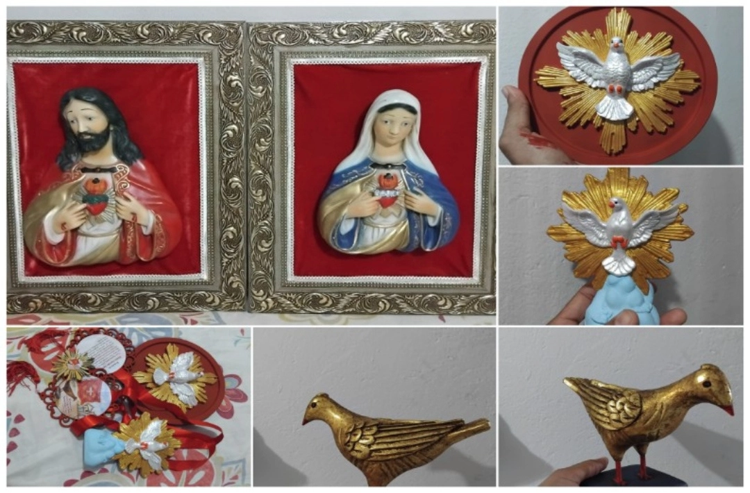 Artista plástico Eduardo Marcelo oferece conjunto com Sagrado Coração, imagens diversas e réplica do Divino Espírito Santo