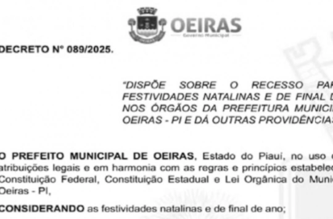 Decreto estabelece regras para funcionamento dos órgãos da Prefeitura de Oeiras no Natal e Ano Novo