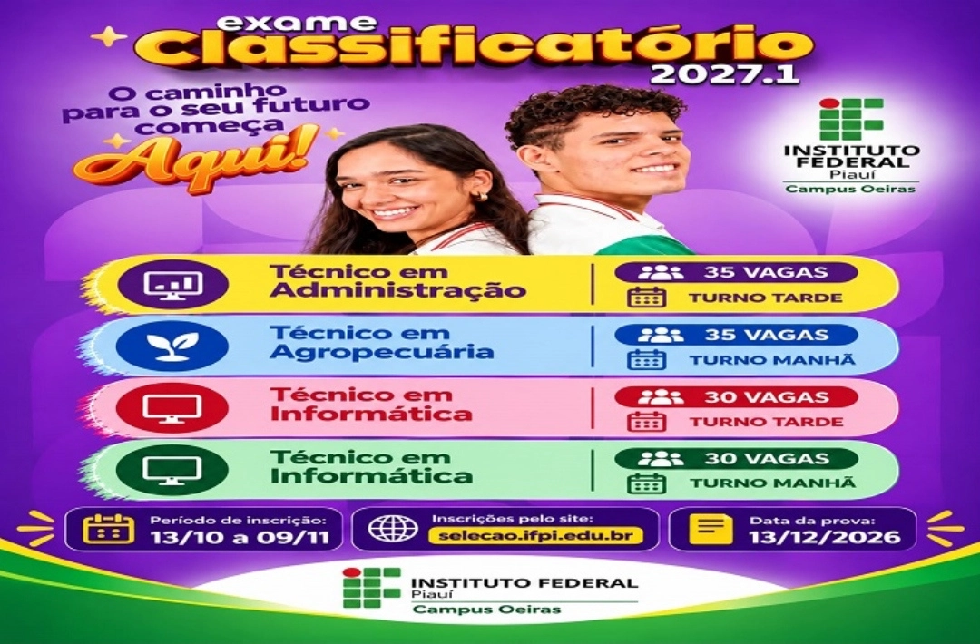 IFPI de Oeiras abre 130 vagas para cursos técnicos integrados ao Ensino Médio em 2027