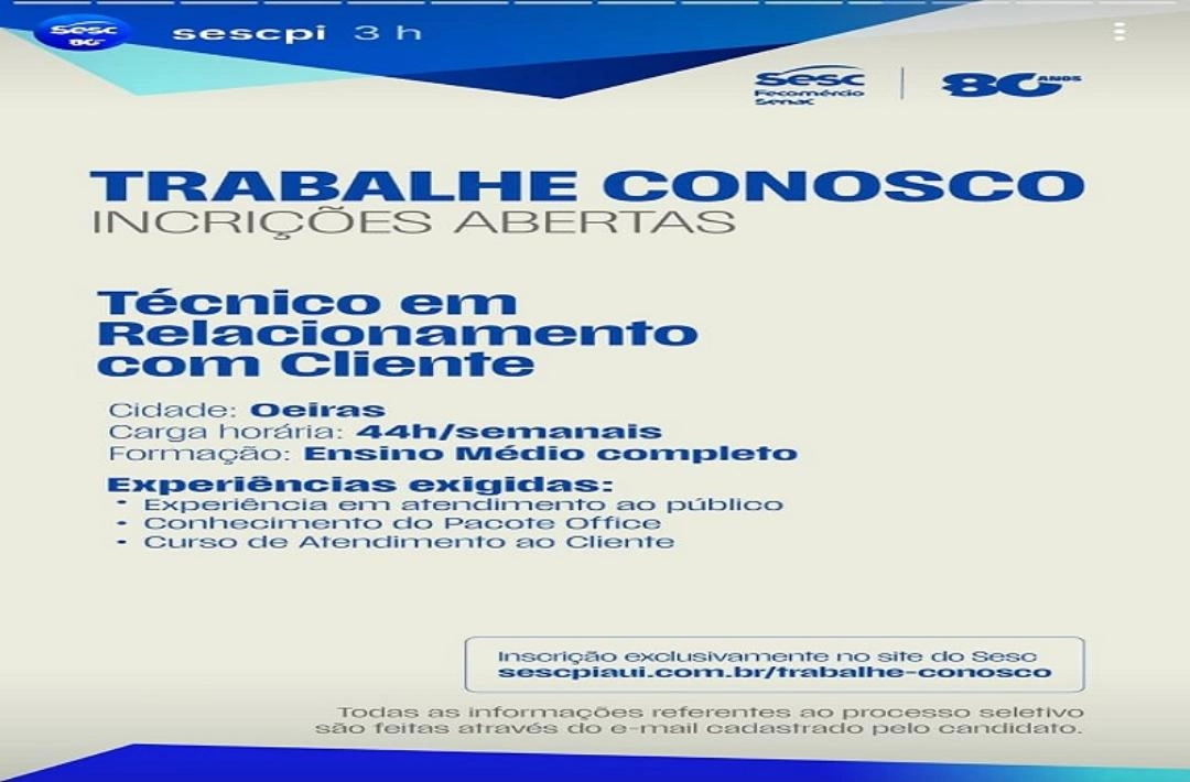 Sesc abre inscrições para técnico em relacionamento com cliente em Oeiras