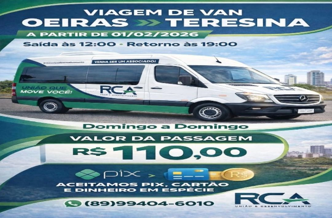 RCA inicia transporte em van entre Oeiras e Teresina a partir de fevereiro