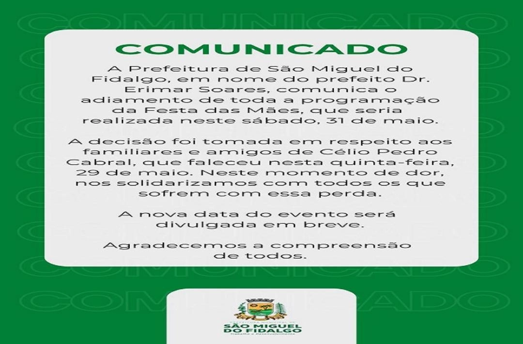 Prefeitura de São Miguel do Fidalgo adia programação da Festa das Mães