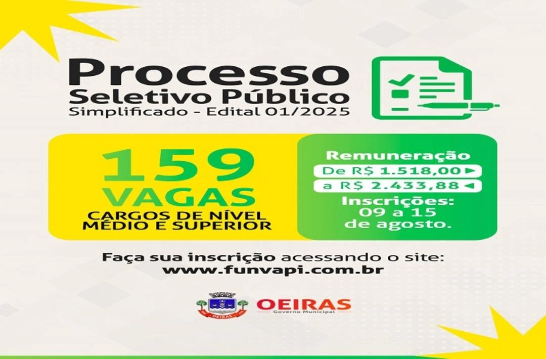 Prefeitura de Oeiras abre processo seletivo para cargos na rede municipal de ensino