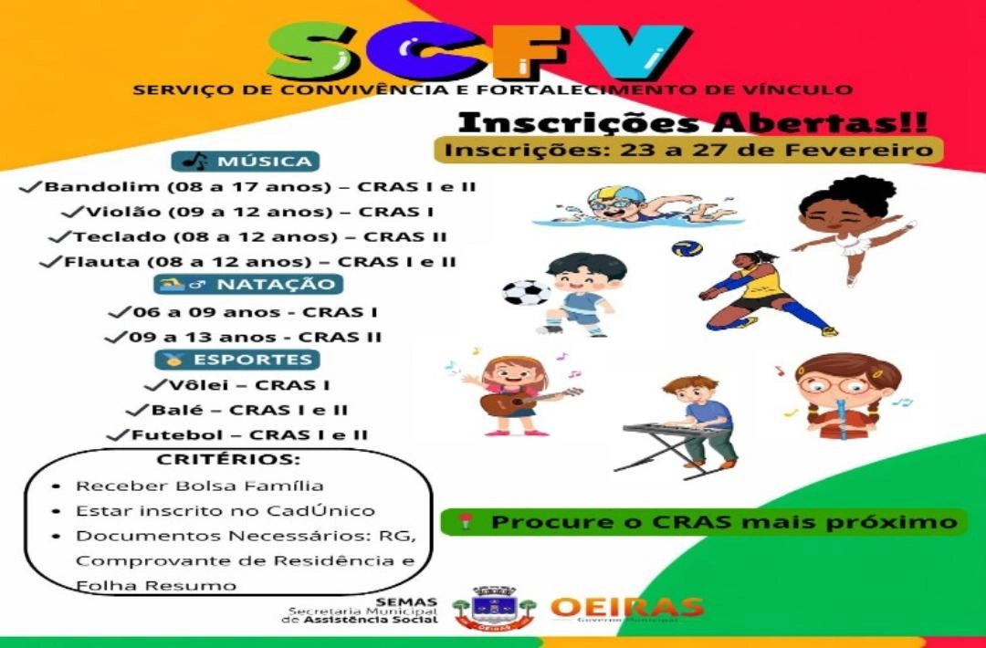 SCFV abre inscrições para oficinas de música, natação, vôlei, balé e futebol em Oeiras