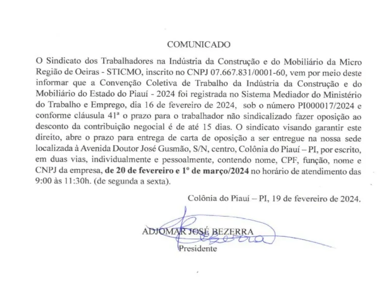 STICMO abre prazo para entrega de carta de oposição a Convenção Coletiva de Trabalho