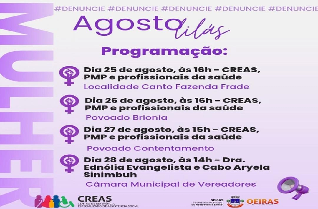 Secretaria de Assistência Social de Oeiras realiza programação alusiva Agosto Lilás contra a violência à mulher
