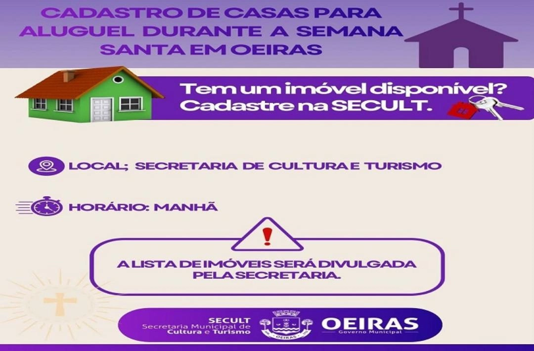 Secretaria de Cultura e Turismo realiza cadastro de imóveis para aluguel durante a Semana Santa em Oeiras