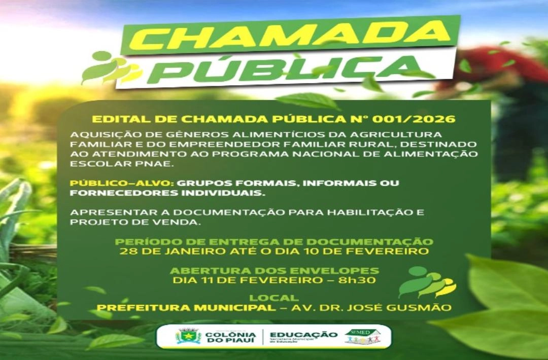 Prefeitura de Colônia do Piauí lança chamada pública para aquisição de alimentos da agricultura familiar