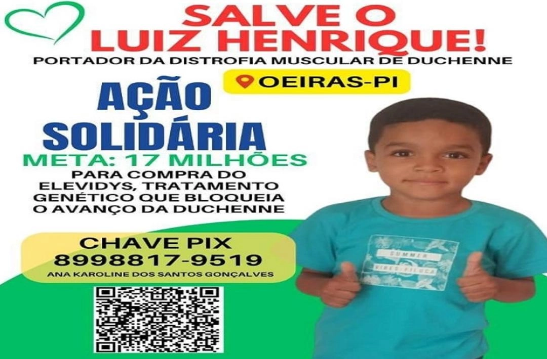 Campanha busca arrecadar R$ 17 milhões para tratamento de criança com distrofia muscular de Duchenne em Oeiras