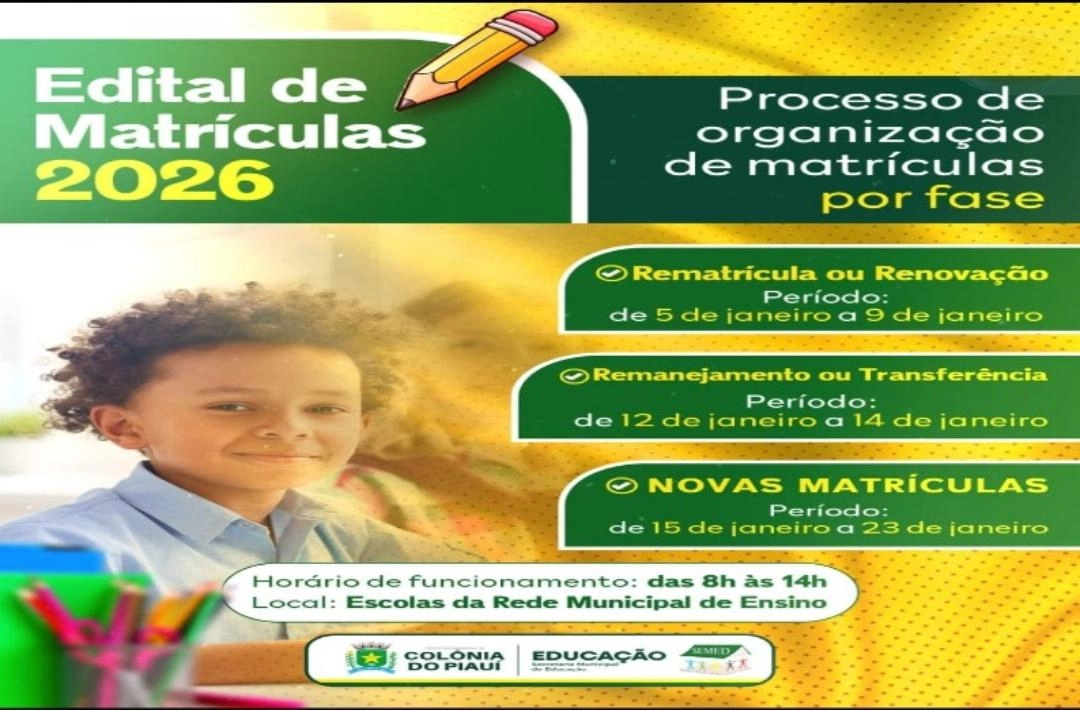 Rede Municipal de Ensino de Colônia do Piauí divulga edital de matrículas para 2026
