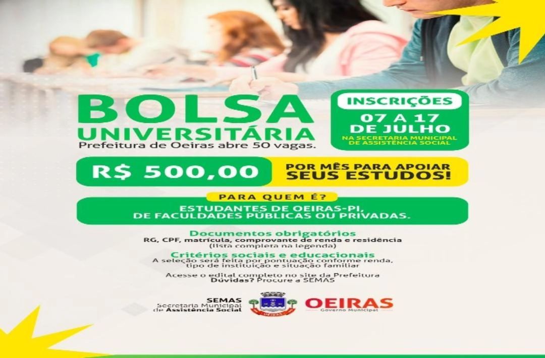 Prefeitura de Oeiras oferece 50 bolsas universitárias de R$ 500 para estudantes do município