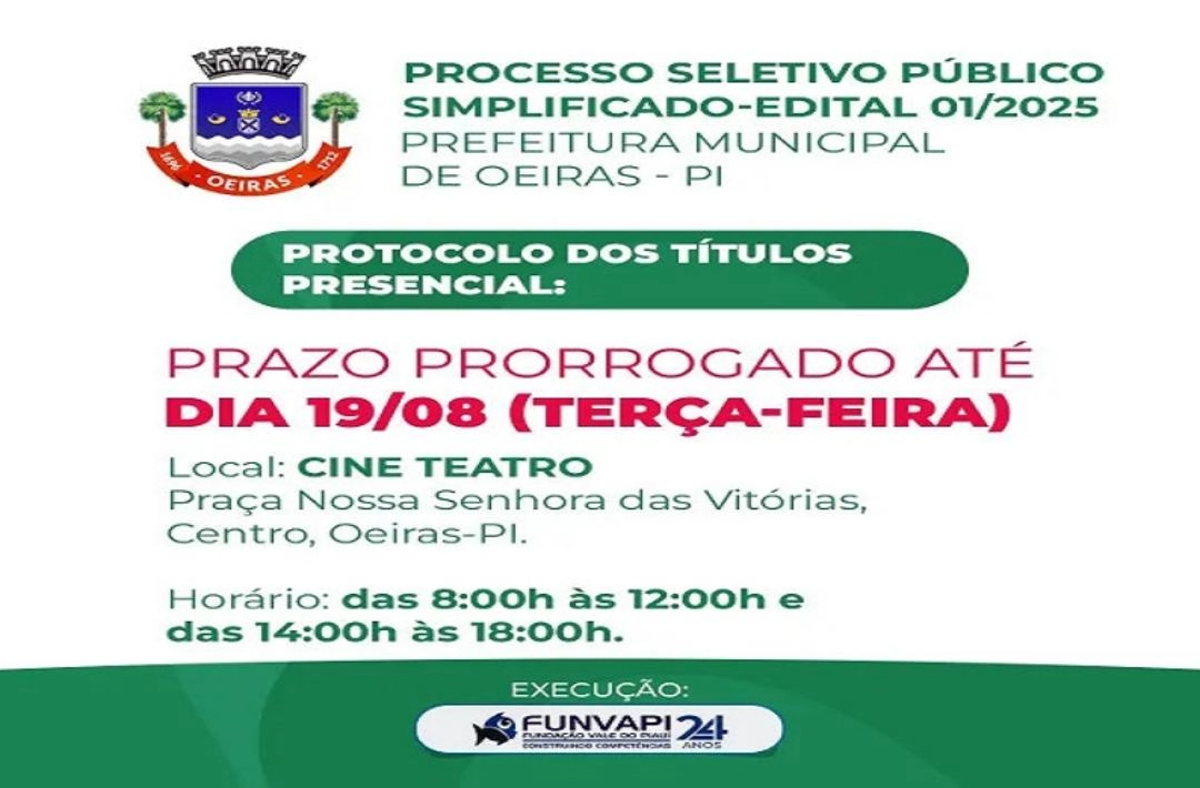 Prefeitura de Oeiras prorroga prazo para entrega presencial de títulos até dia 19