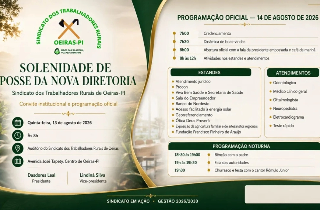 Sindicato dos Trabalhadores Rurais de Oeiras realiza posse da nova diretoria e programação de serviços
