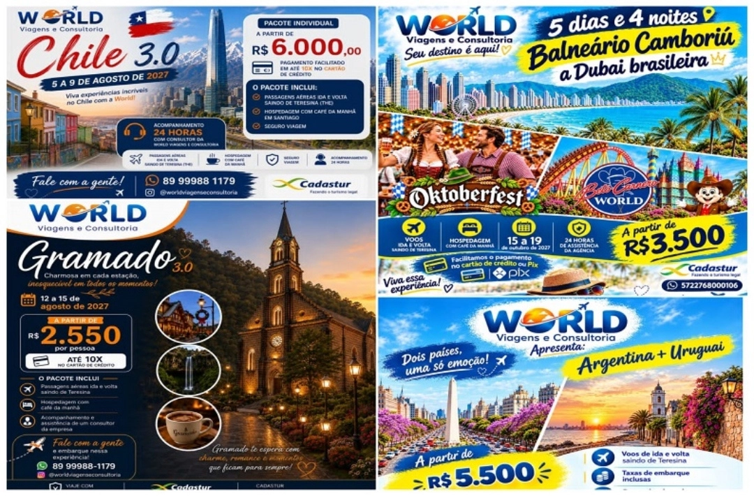 World Viagens apresenta roteiros para 2027 com destinos no Chile, Argentina, Uruguai e Sul do Brasil
