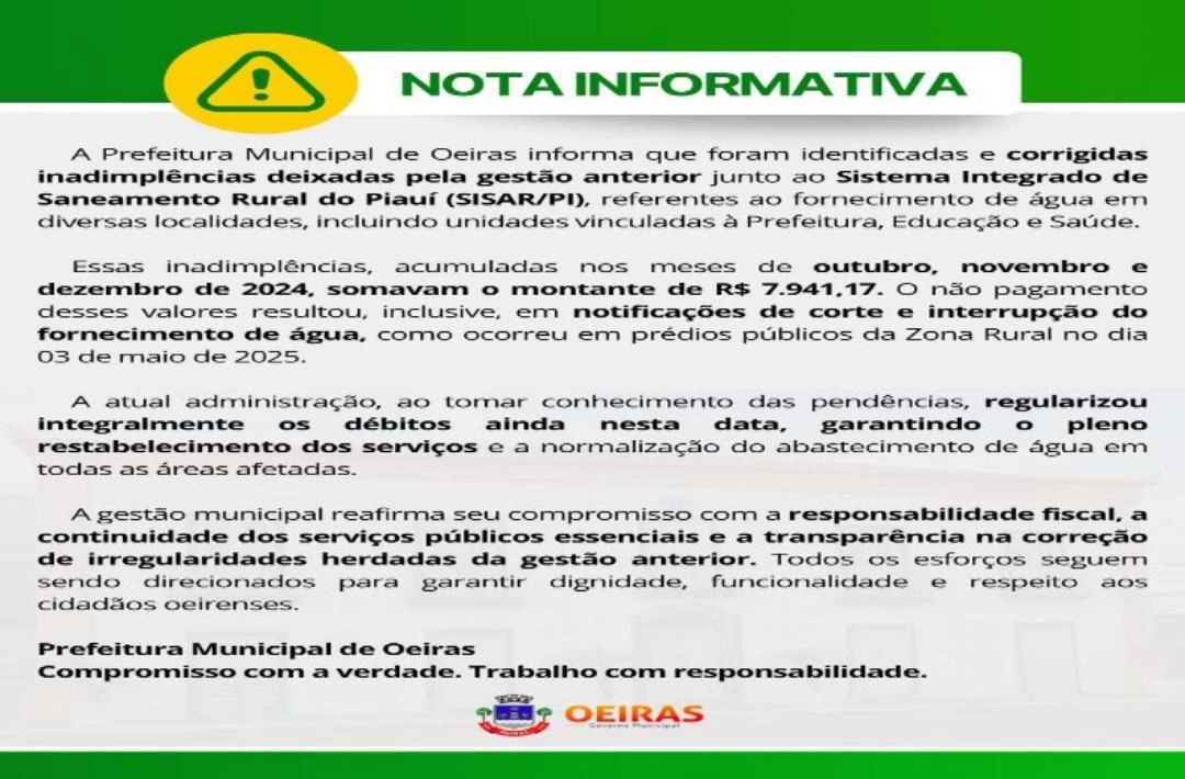 Prefeitura de Oeiras quita débitos herdados da administração anterior e evita corte de água na zona rural