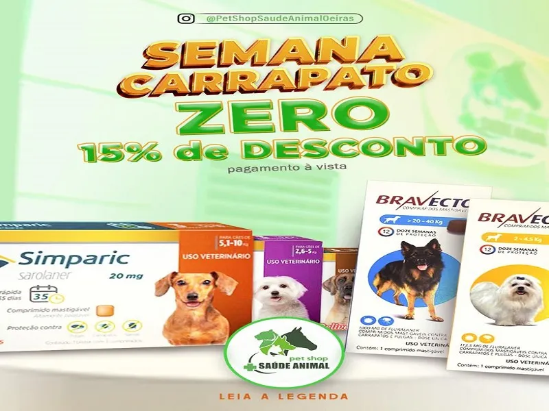 Semana do Carrapato: 15% de desconto em anticarrapaticidas no Pet Shop Saúde Animal