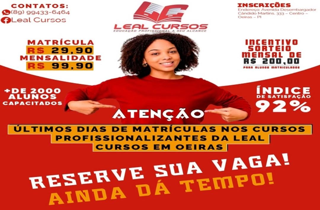 ATENÇÃO! Últimos dias de matrículas nos cursos profissionalizantes da LEAL CURSOS em Oeiras