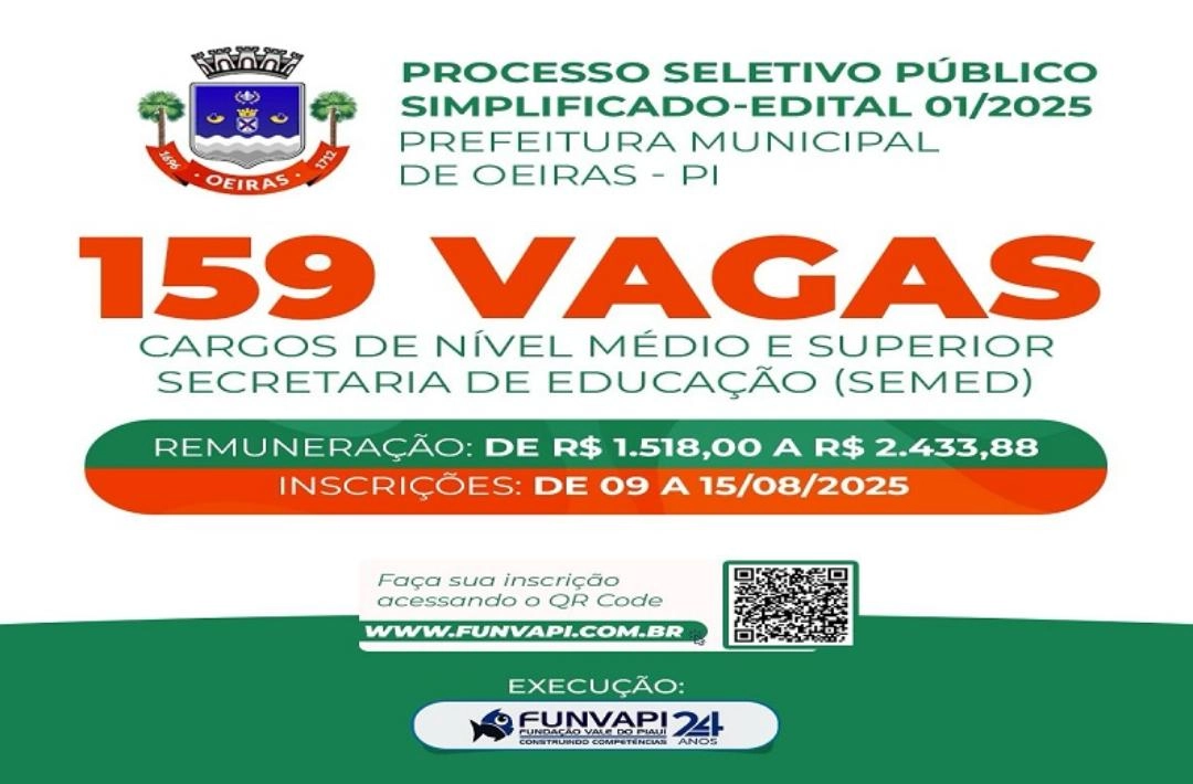 Prefeitura de Oeiras lança edital para contratação de 159 profissionais da educação