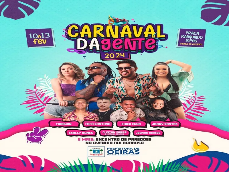 Carnaval da Gente acontece de 10 a 13 de fevereiro em Oeiras; confira a programação