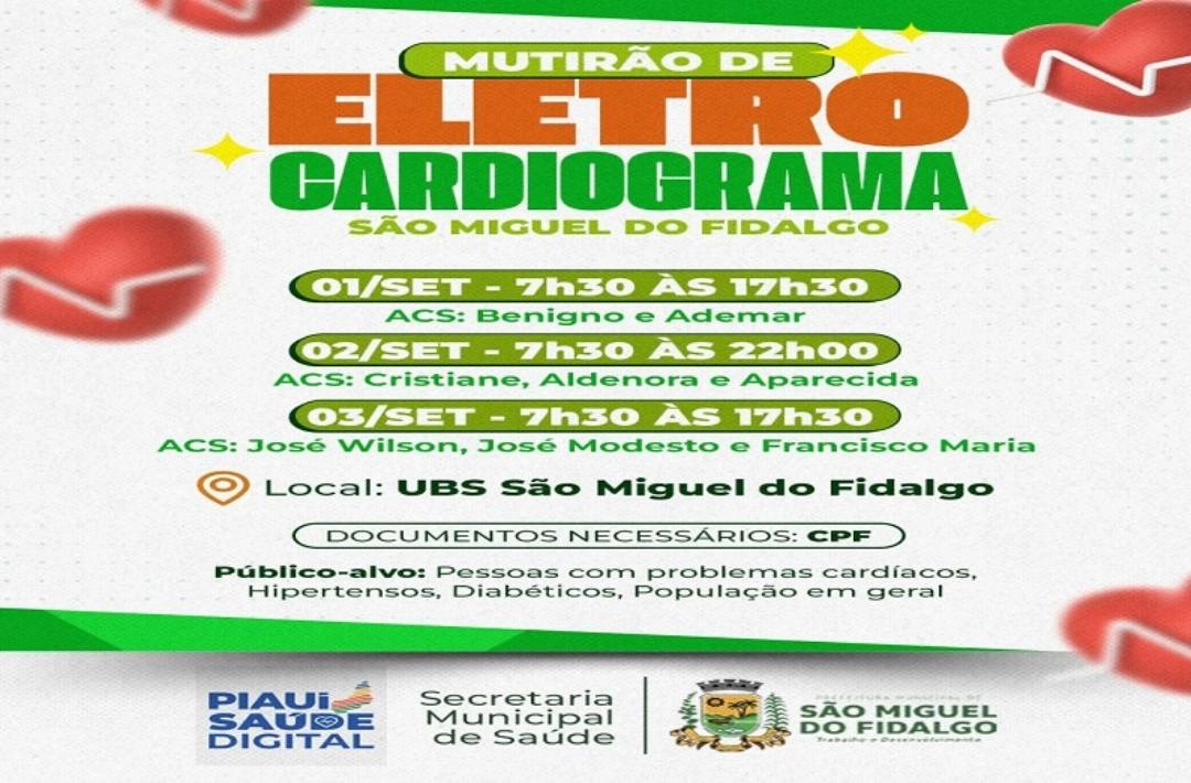Mutirão de Eletrocardiograma será realizado em São Miguel do Fidalgo de 1 a 3 de setembro