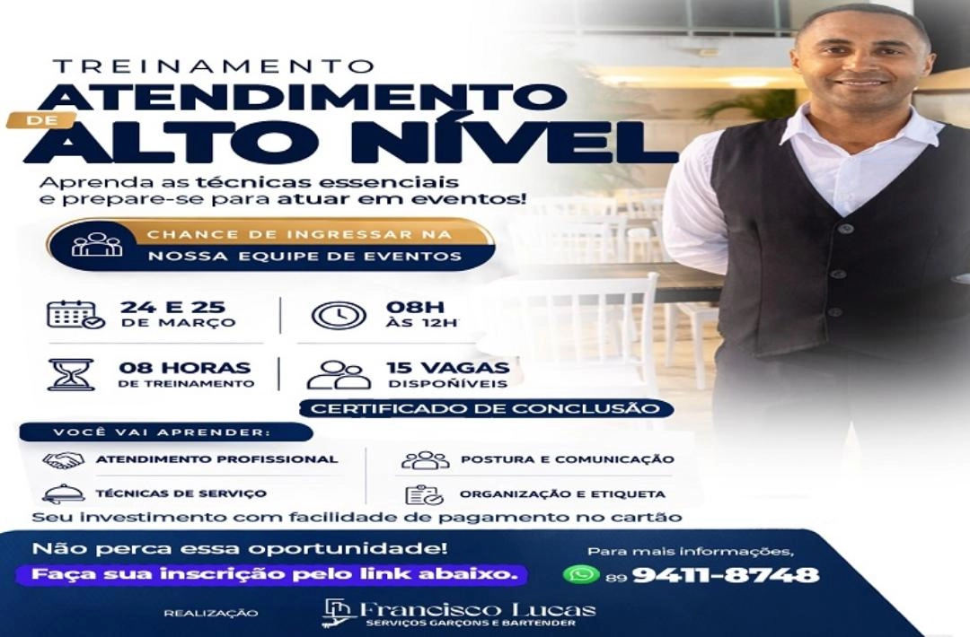 Treinamento para garçons e garçonetes abre inscrições com vagas limitadas em Oeiras