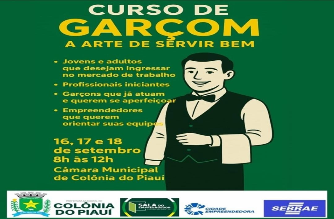 Curso de Garçom será realizado em Colônia do Piauí nos dias 16, 17 e 18 de setembro