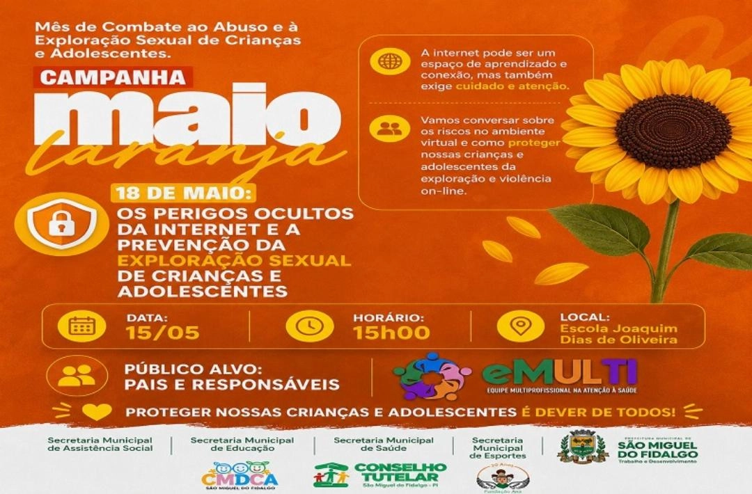 Campanha Maio Laranja aborda riscos da internet e prevenção da exploração sexual de crianças e adolescentes em São Miguel do Fidalgo