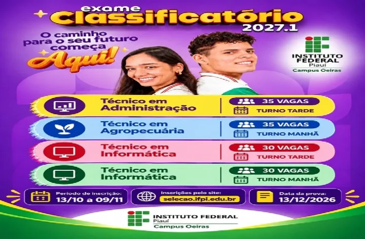 IFPI de Oeiras abre 130 vagas para cursos técnicos integrados ao Ensino Médio em 2027