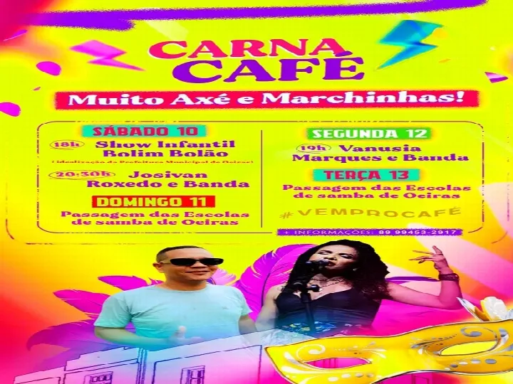 Café Oeiras com atrações musicais, show infantil e passagem das escolas de samba