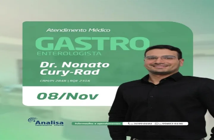 Dr. Nonato Cury-Rad, médico gastroenterologista, atende no dia 8 de novembro no Analisa Laboratório Clínico