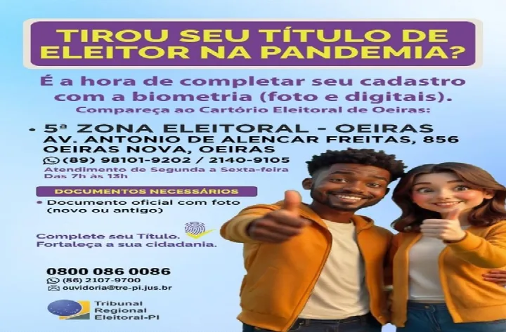 Eleitores que emitiram título durante a pandemia devem completar cadastro com biometria em Oeiras