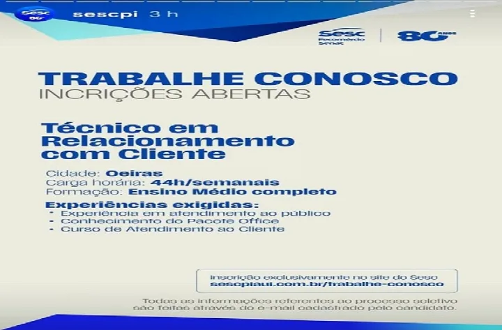 Sesc abre inscrições para técnico em relacionamento com cliente em Oeiras