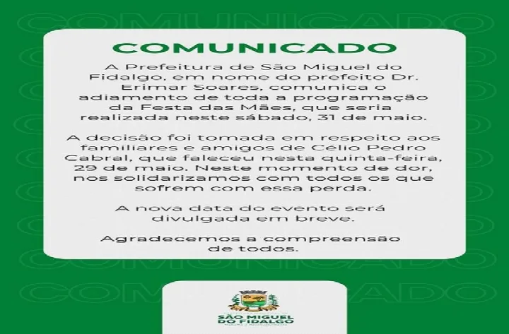 Prefeitura de São Miguel do Fidalgo adia programação da Festa das Mães