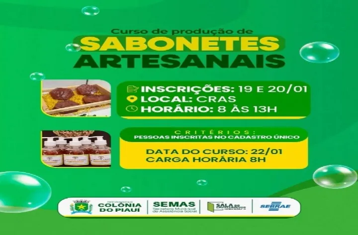 Colônia do Piauí abre inscrições para curso de produção de sabonetes artesanais