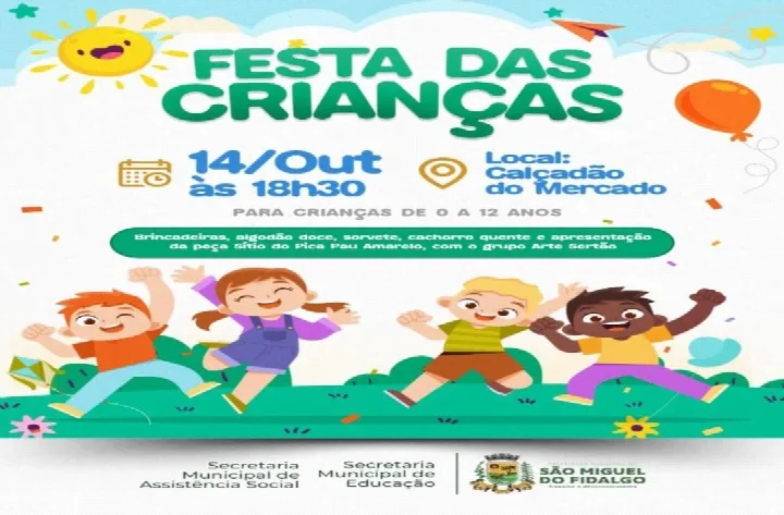 São Miguel do Fidalgo realiza Festa das Crianças neste dia 14 de outubro no Calçadão do Mercado
