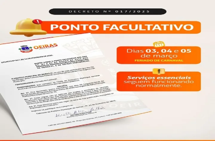 Prefeitura de Oeiras declara ponto facultativo no Carnaval