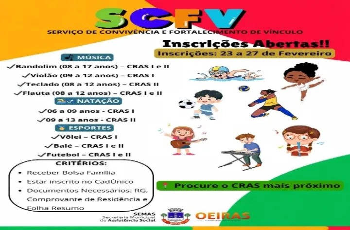 SCFV abre inscrições para oficinas de música, natação, vôlei, balé e futebol em Oeiras