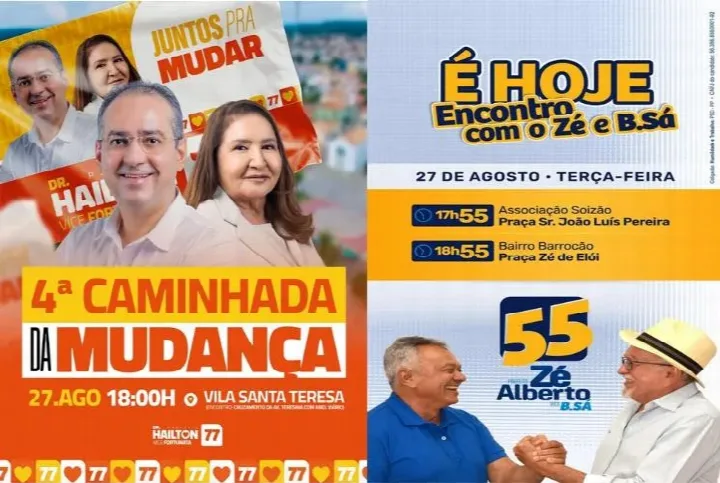 Confira a agenda dos candidatos a prefeito de Oeiras, para esta terça-feira, 27