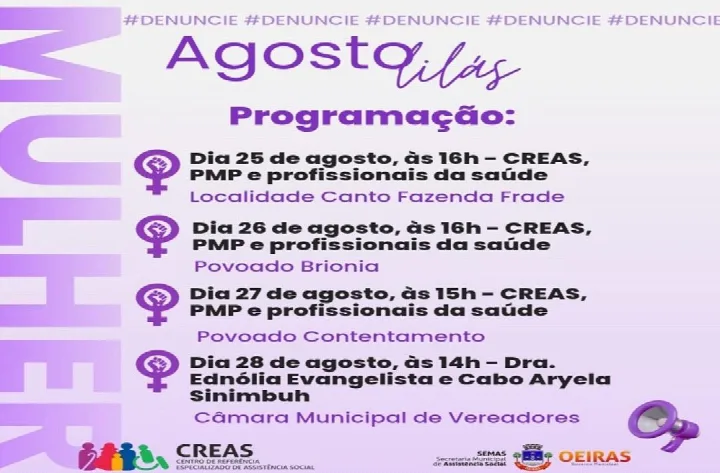 Secretaria de Assistência Social de Oeiras realiza programação alusiva Agosto Lilás contra a violência à mulher
