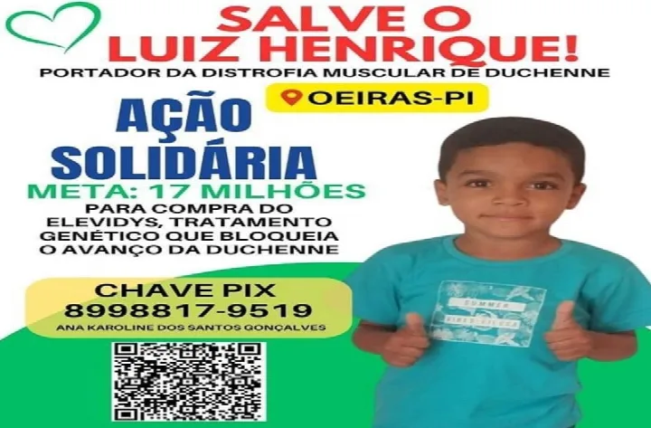 Campanha busca arrecadar R$ 17 milhões para tratamento de criança com distrofia muscular de Duchenne em Oeiras
