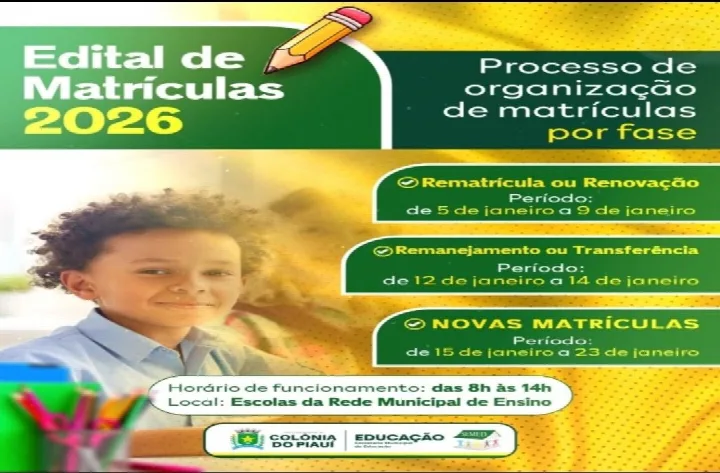 Rede Municipal de Ensino de Colônia do Piauí divulga edital de matrículas para 2026