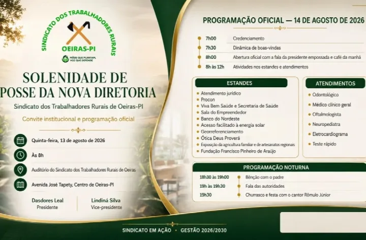 Sindicato dos Trabalhadores Rurais de Oeiras realiza posse da nova diretoria e programação de serviços