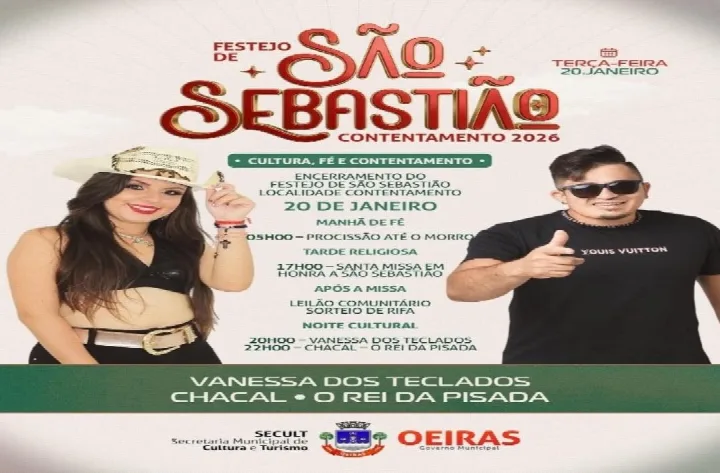 Festejo de São Sebastião movimenta povoado Contentamento com fé, cultura e shows musicais nesta terça-feira, 20