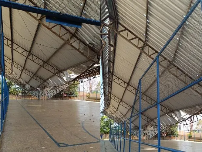 Cobertura da quadra da Praça da Juventude é comprometida por ventania em Oeiras