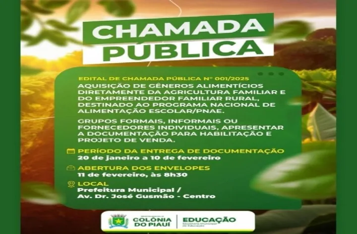Prefeitura de Colônia do Piauí incentiva agricultura familiar com chamada pública para alimentação escolar