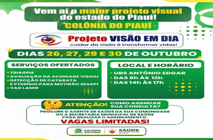 Colônia do Piauí recebe Projeto Visão em Dia com atendimentos nos dias 26, 27, 29 e 30 de outubro