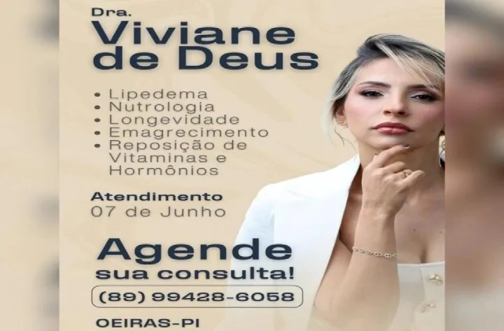 Neste sábado, dia 7, Dra. Viviane de Deus realiza atendimentos em nutrologia, saúde hormonal, emagrecimento e lipedema em Oeiras