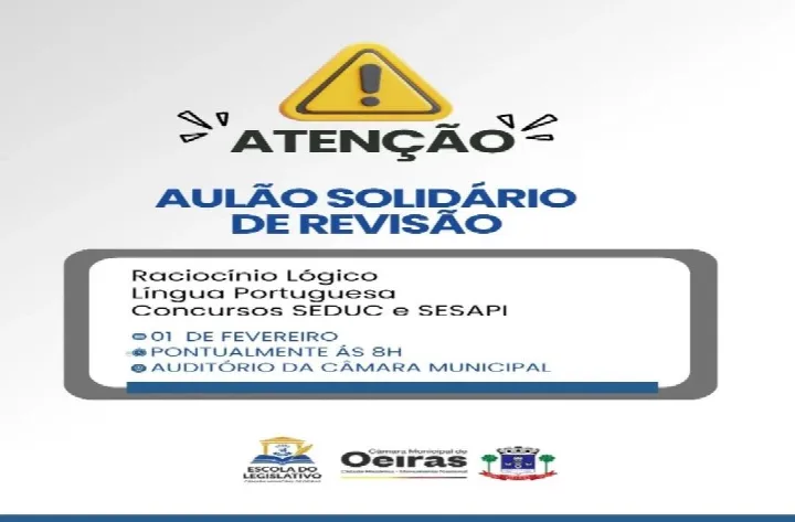Escola do Legislativo de Oeiras promove aulão solidário de revisão neste domingo com foco nos concursos da SEDUC e SESAPI