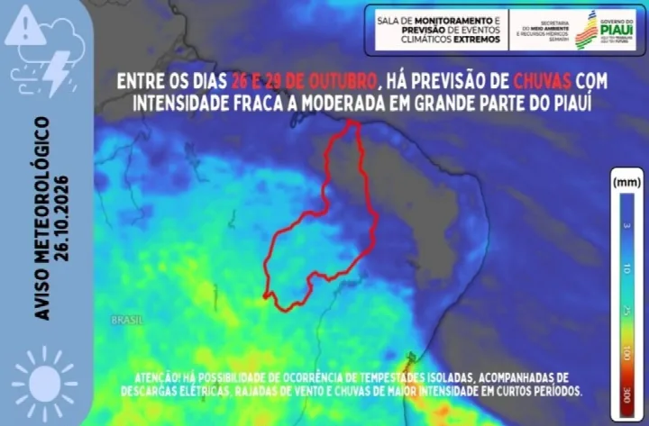 Chuvas chegam ao Piauí com acumulado de 95,6 mm e previsão de novas precipitações até quinta-feira (29)