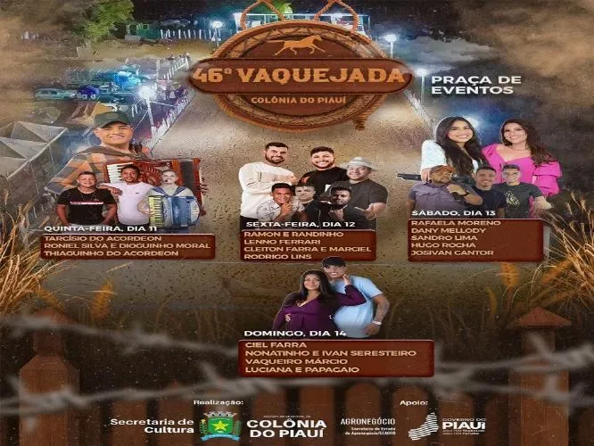 Prefeitura de Colônia do Piauí divulga programação de shows da 46ª Vaquejada